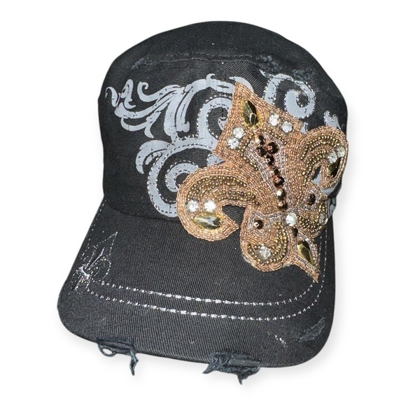 Kbethos fleur de lis rhinestone Embellished Black Cap w/ Gold Accents - Picture 1 of 7